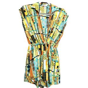 Sleeveless Aztec Design Collared V-Neck Elastic Waist Romper Sz M Pockets Flowy